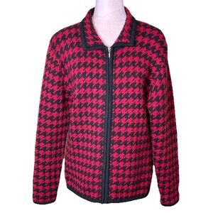 Women’s 100% Wool Red Black Houndstooth Zip Cardigan Classic Preppy Fall Size Lg